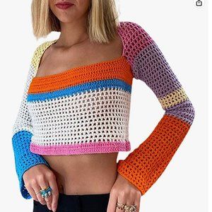 Cropped Knit Top Long Sleeve Crochet Hollow Out Square Collar Sweater Crop Tops